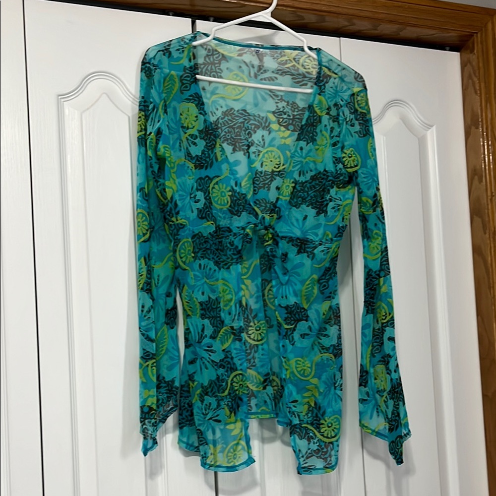 Blue and Green Asymmetrical Tie Front Swim Coverup